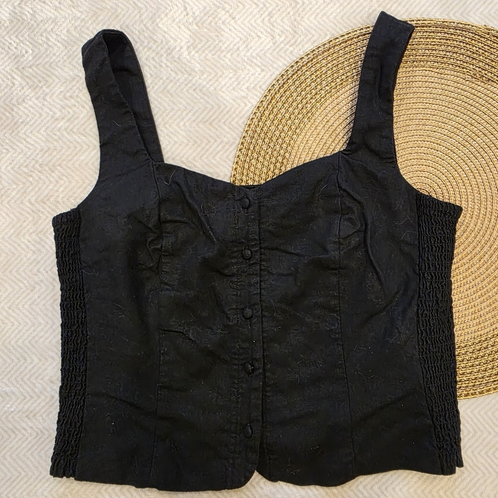 Old Navy Button Up Black Shirred Side Tank Top Linen Blend